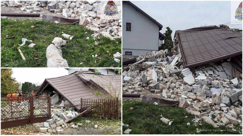 Potężna eksplozja w domu w Kaczorowie: Gruzowisko przeszukują strażacy i pies ratowniczy